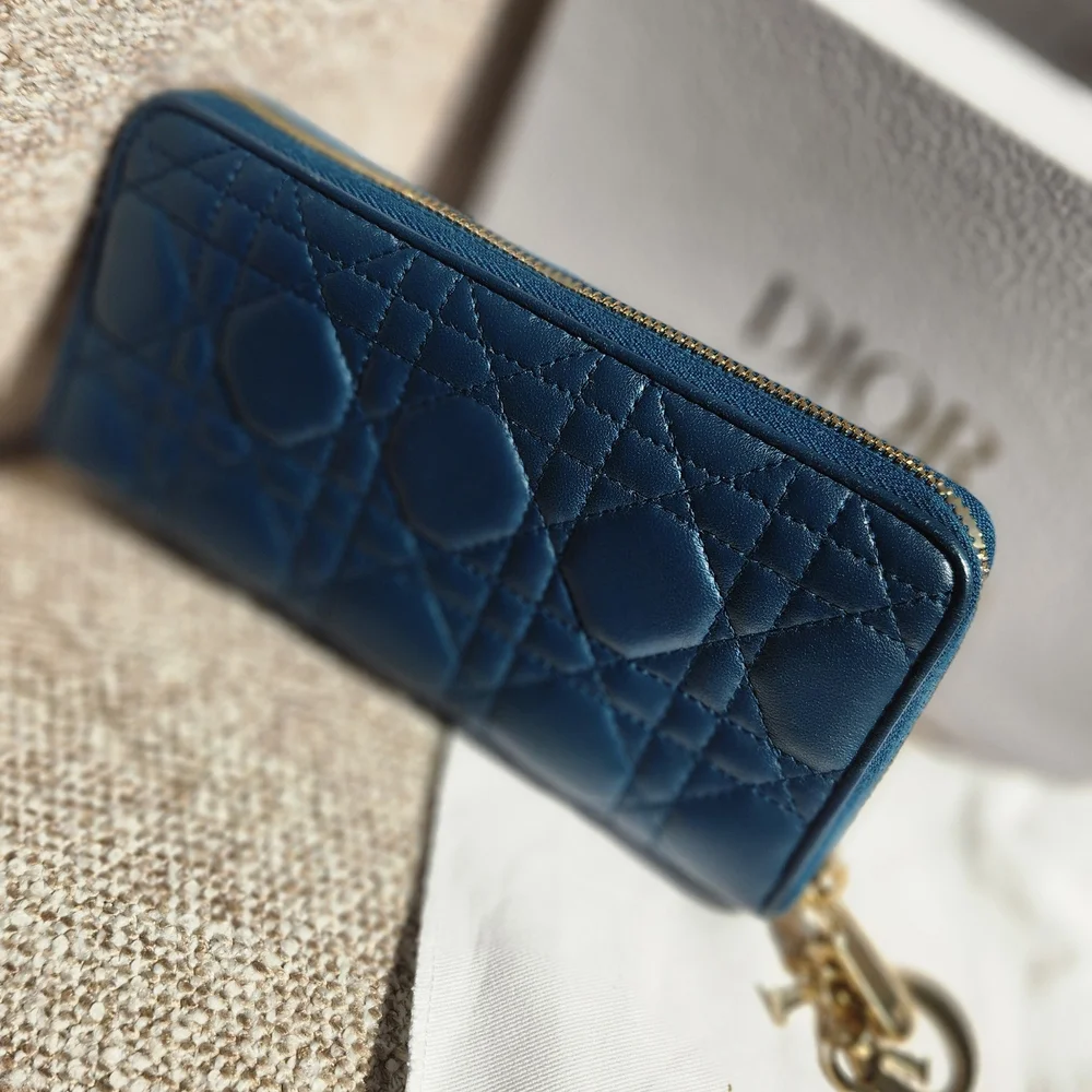 Dior Blue Quilted Leather Zip Key Pouch with Gold Charm